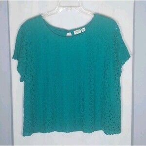 Cato Plus Size 26/28W Teal Crochet Lace Overlay Blouse Lined Chiffon Keyhole Top
